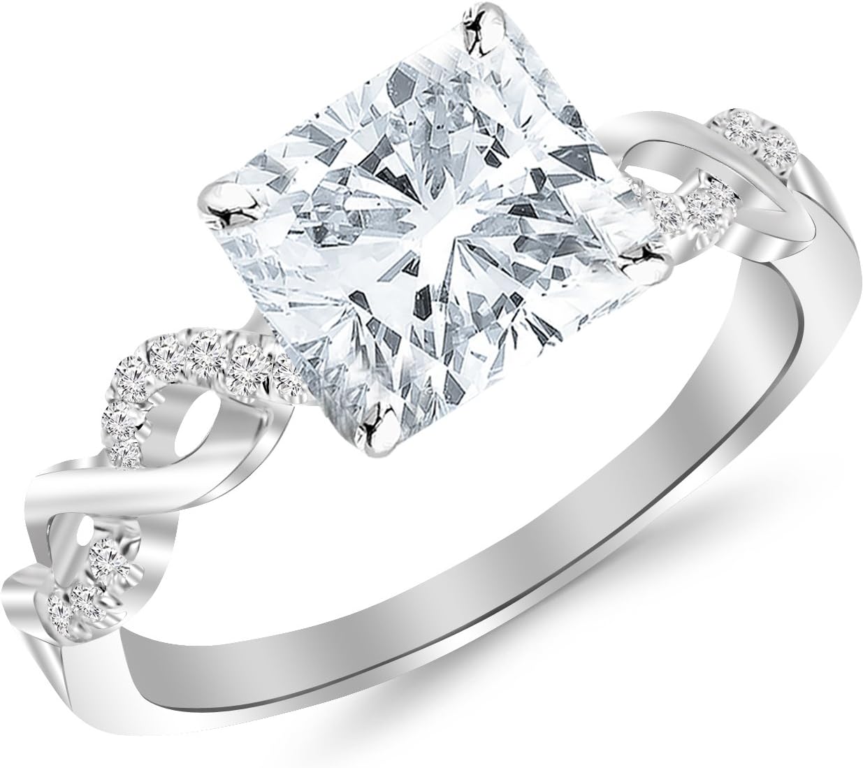 White Gold Twisting Infinity Gold and Diamond Split Shank Pave Set Diamond Engagement Ring with a 1.2 Carat Cushion Cut J Color SI1 Clarity Center Stone