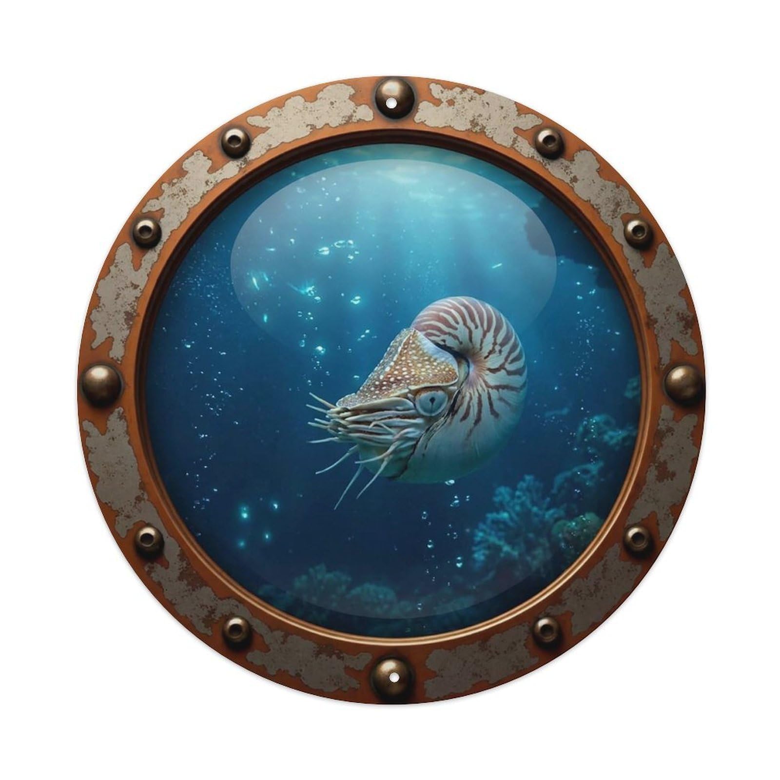 Gead 8X8inch Style Vintage Porthole Chambered Nautilus Nautical Window View Metal Tin Sign