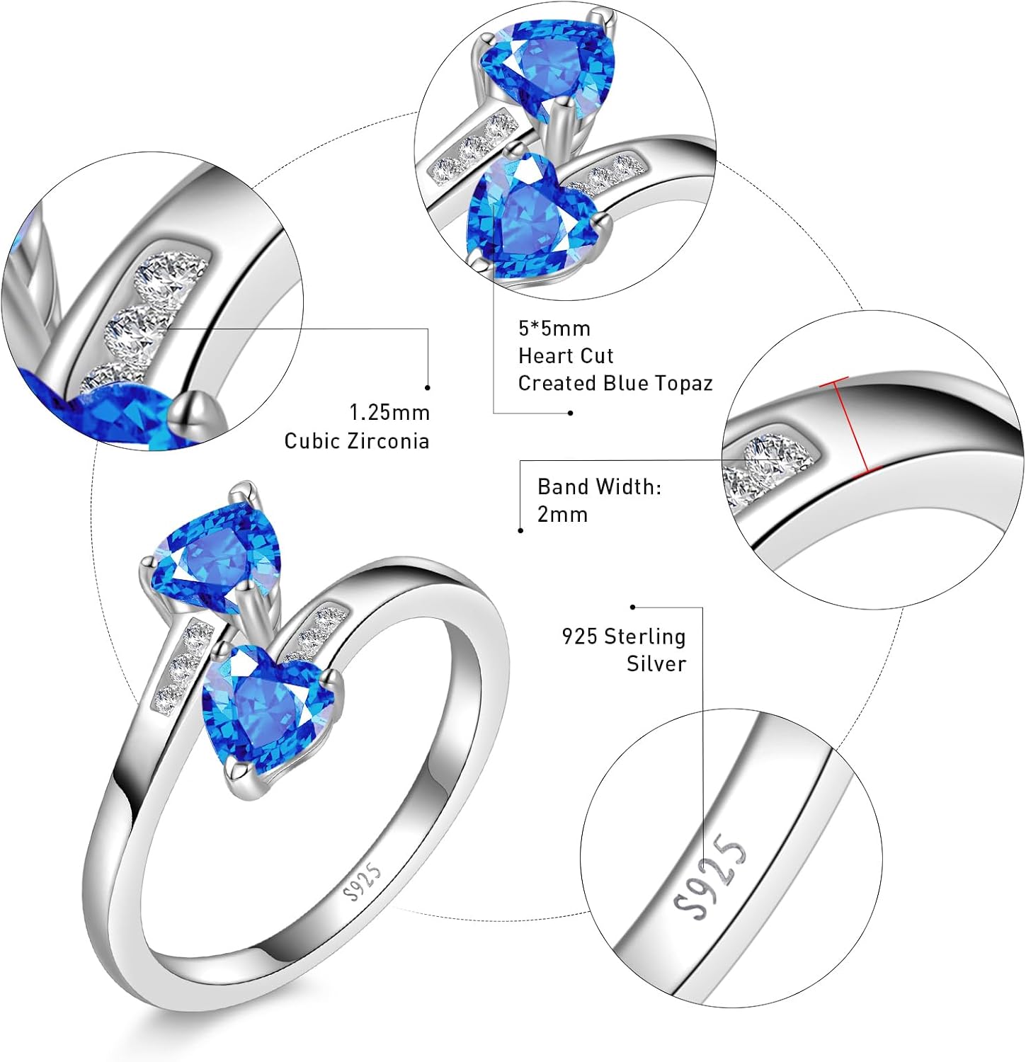 Yaresul 1CT Adjustable Women Heart Ring 925 Sterling Silver Birthstone Rings for Women Promise Ring for her Simulated Gemstone Statement Stackable Band Width 2mm Open Size 5~9