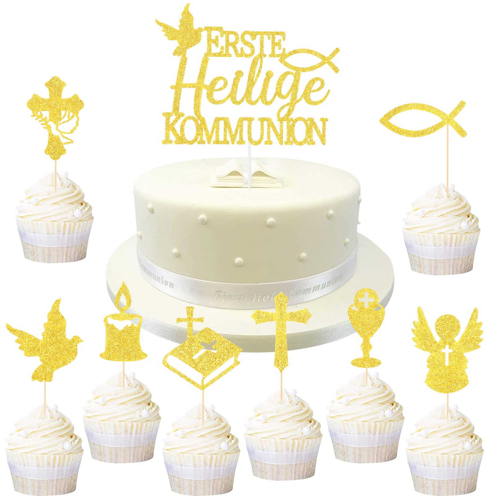 HOWAF 7-teiliges Kommunion Cake Topper Set – 1 Großer Topper + 6 Cupcake Topper Aus Holz