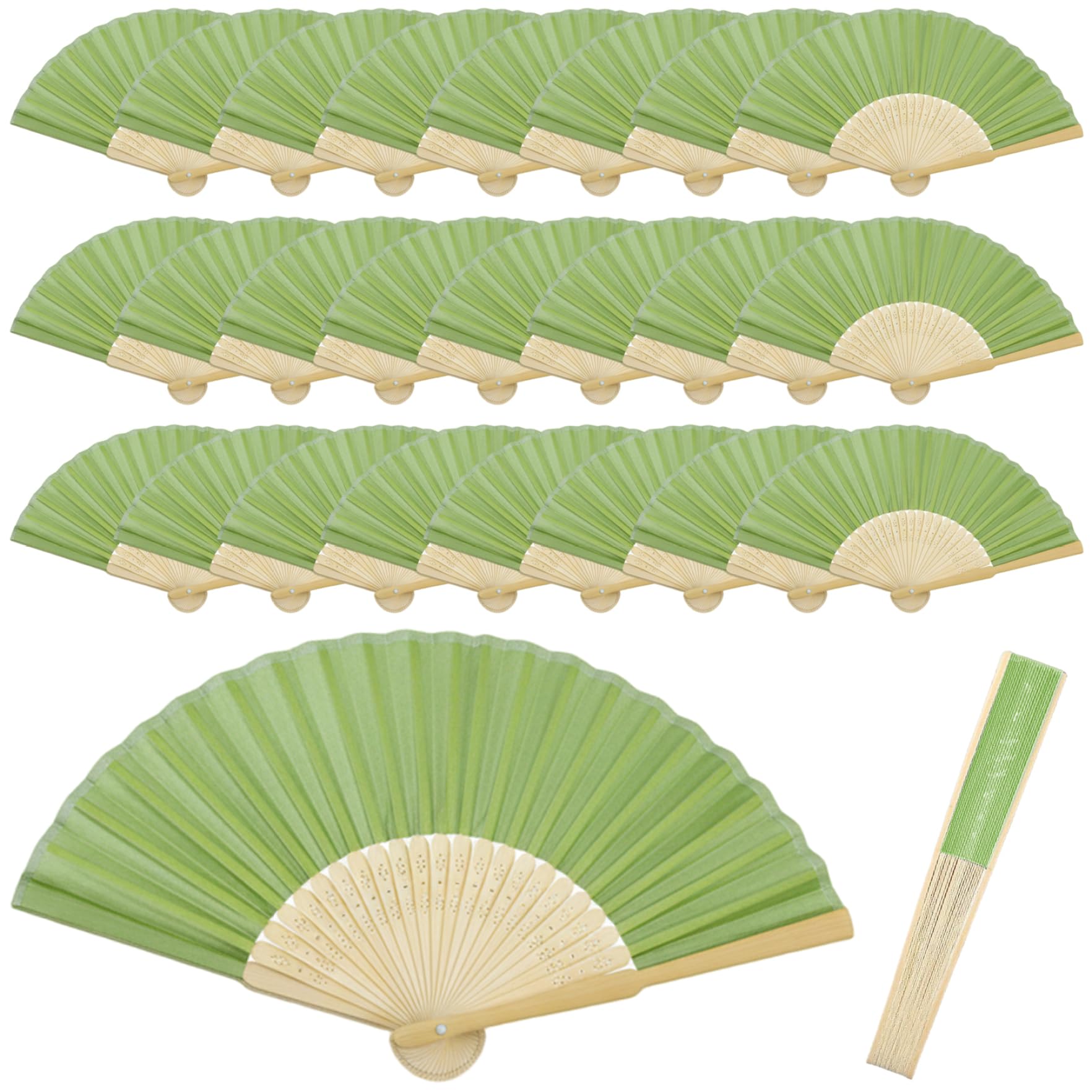 25er-Pack Faltbare Handfächer, Bambus-Seiden-Hochzeitsfächer für Gäste, tragbare 15-Zoll-dekorative chinesische Fächer für Partygeschenke und Heimdekoration, grün