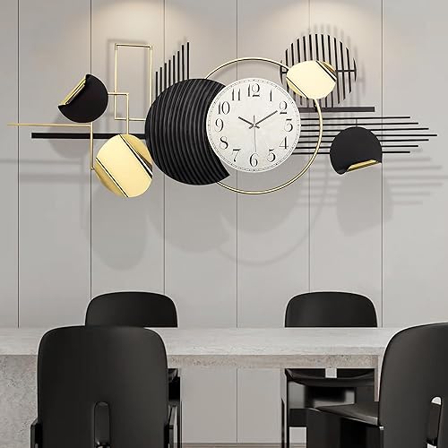 Miniatura 6 de Arte de pared de metal, decoración en blanco y negro para sala de estar, decoración abstracta moderna geométrica redonda de 56 x 24 pulgadas, reloj