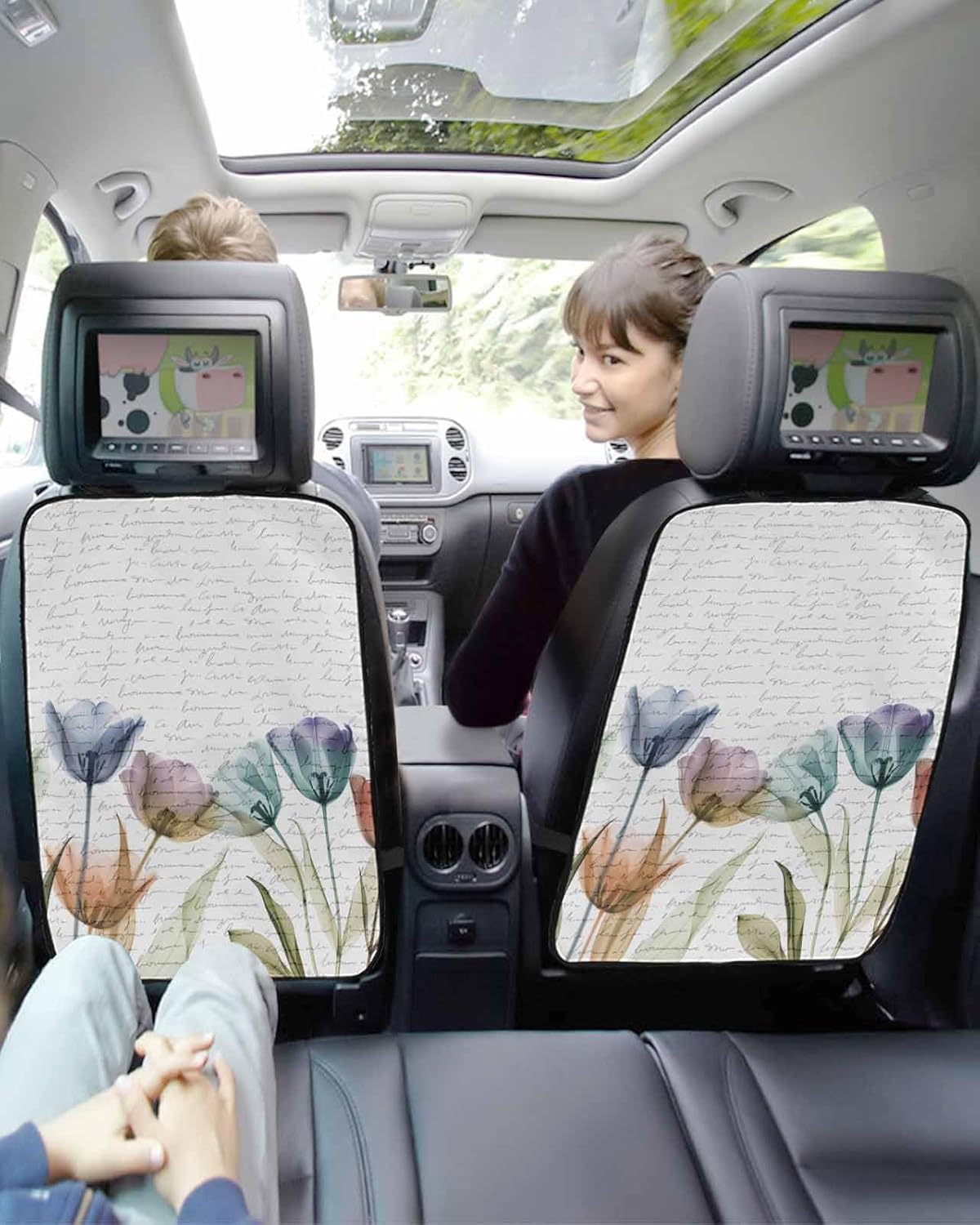 T&H XHome Car Seat Protector, 2 Pack Kick Mats Back Seat Protector Colorful Watercolor Tulip Flower Text Design Waterproof Backseat Cover for Kids Universal Fit Automotive Interior Protectors