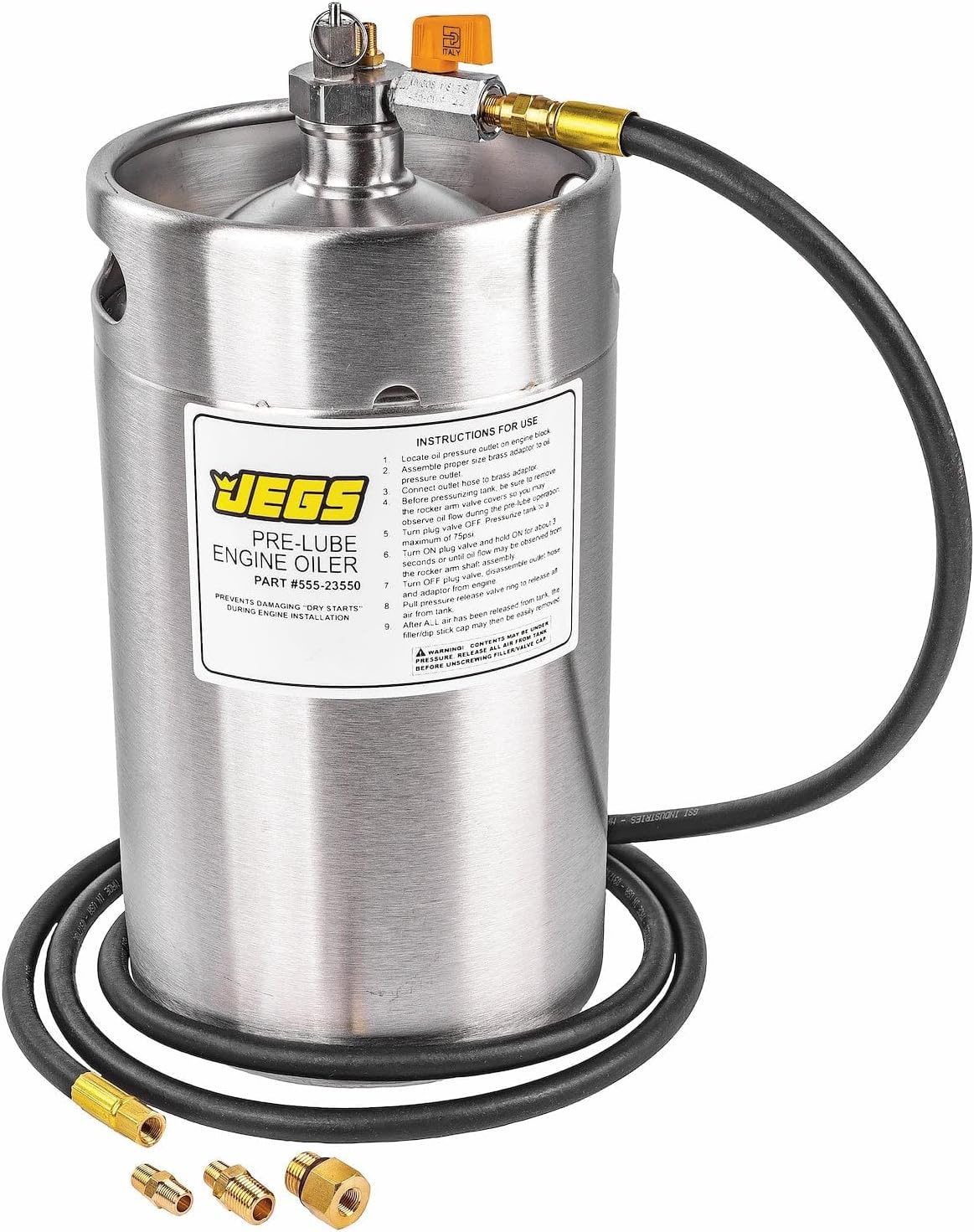 JEGS Pre-Lube Engine Oiler | 2-Gallon Stainless Steel Tank | Made In USA | Large Easy-to-Fill Cap | 75 Lbs Safety Blow-Off Valve | 8 ft. Chemical Resistant Hose w/Swivel End