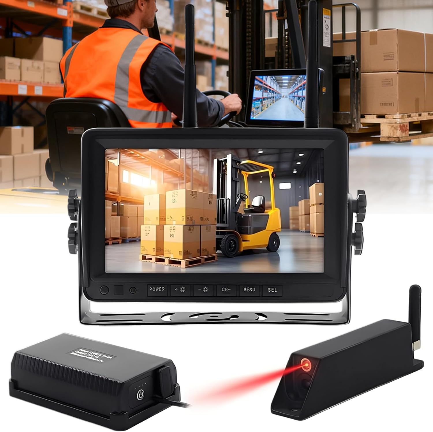 7-inch Forklift Reversing Monitor, Wireless HD 1080P Magnetic Camera with IR Laser Positioning Camera for Forklifts, Trucks, Vans, Industrial Vehicles Car SurveillanceCamera (Red Laser)