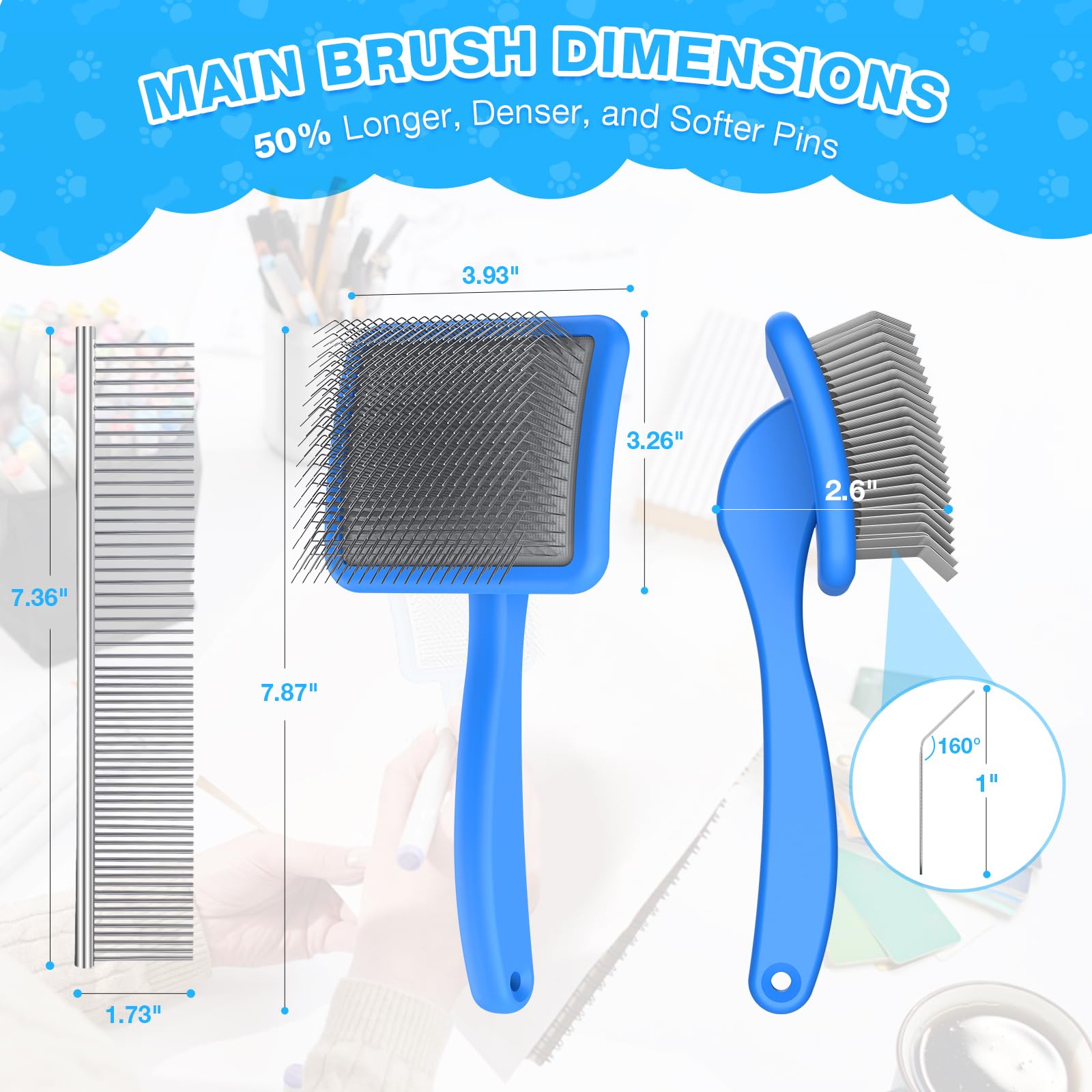 Grande brosse lissante pour chiens – Kit de toilettage 3 pièces – Râteau à sous-poil et peigne en acier inoxydable | Longues broches pour enlever les tapis sur les caniches, dorés