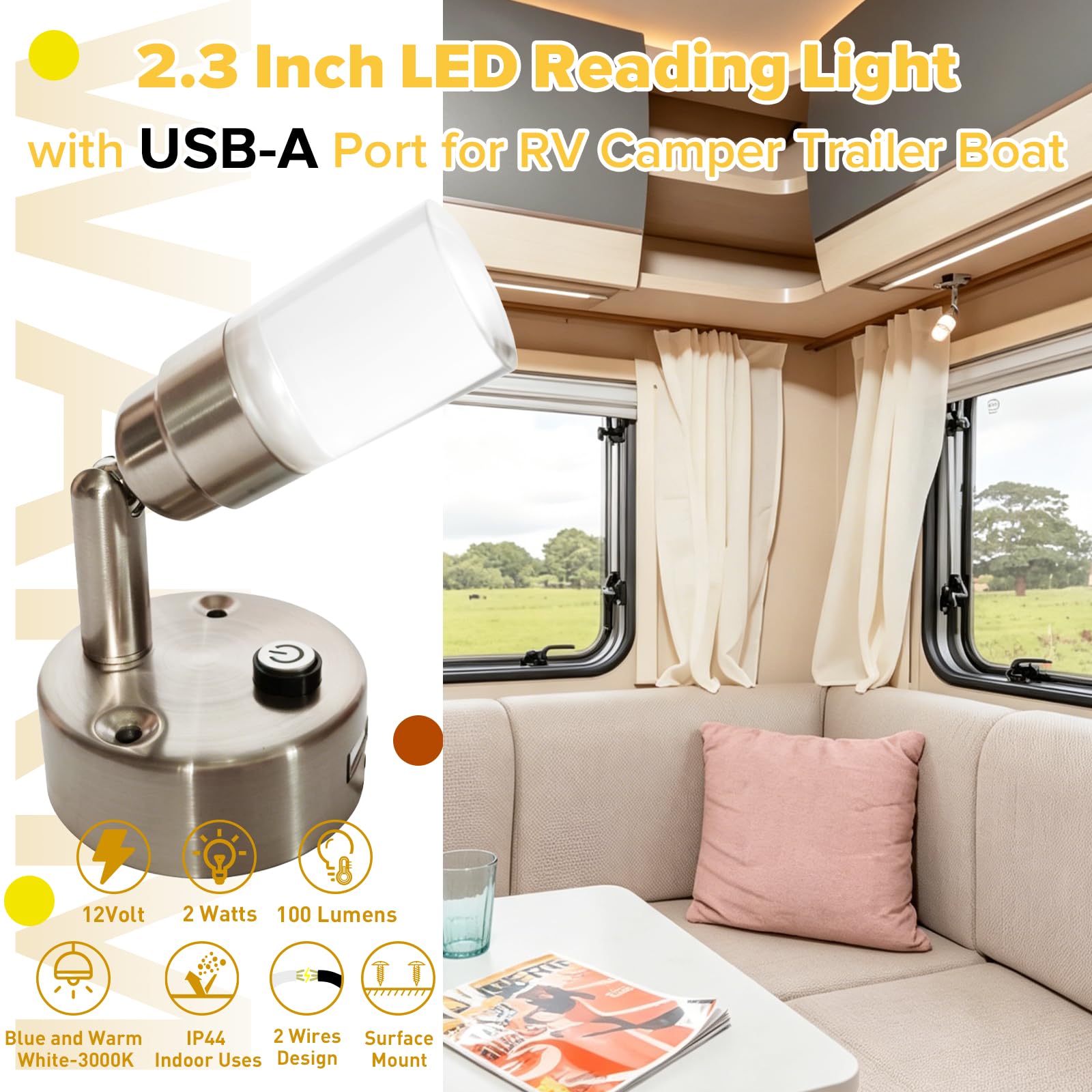 Luces de lectura para caravana de 12 V, luz interior para caravana con puerto USB, iluminación LED con cargador USB-C para mesita de noche de 2 W, 100 lm, 12 voltios, azul claro y blanco, 3000 K