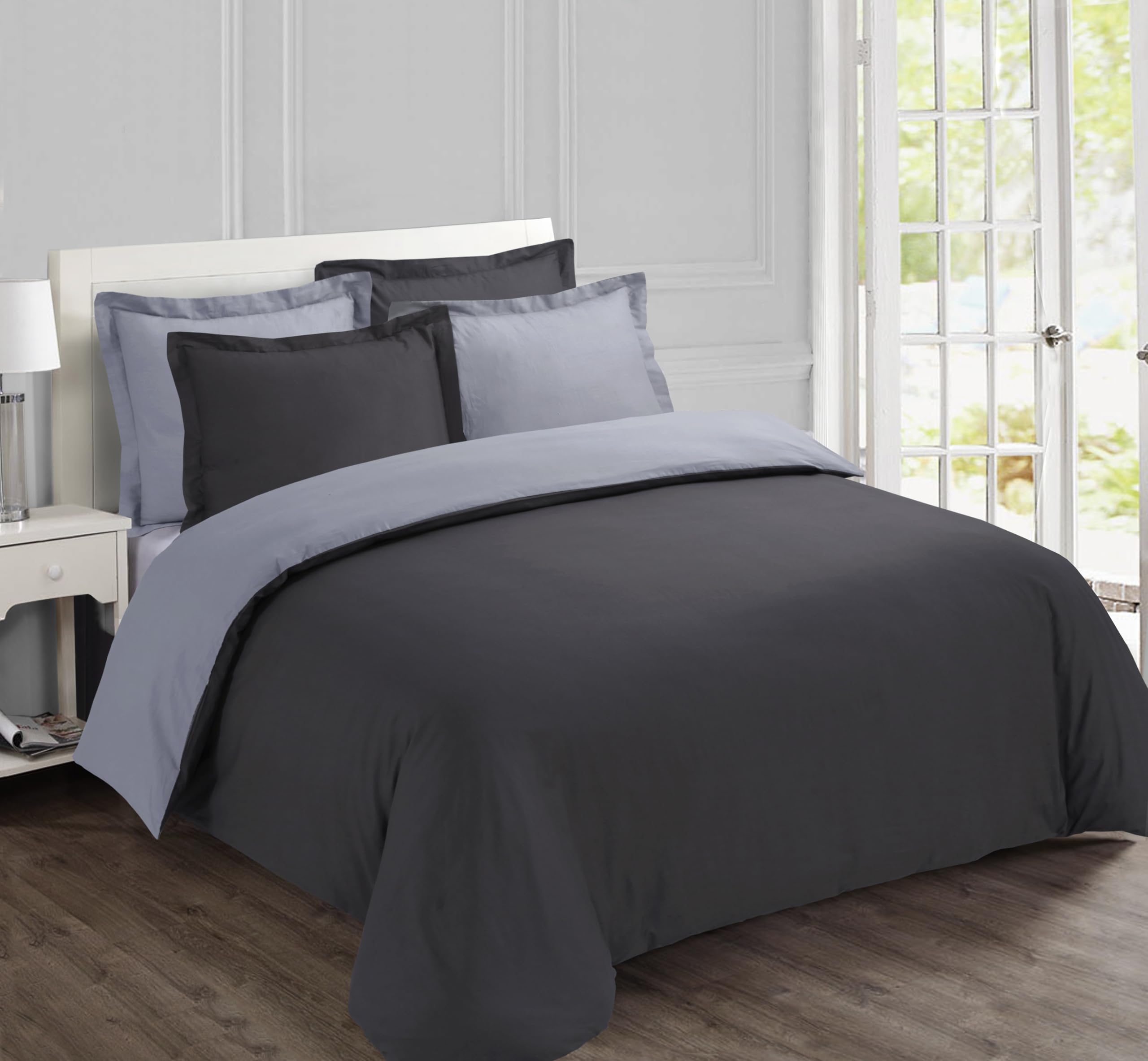Vision Parure de Lit Réversible 100% Coton Lit Double - Gris Anthracite | 1 Housse de Couette (240x220 cm) + 2 Taies d'oreiller (65x65 cm) | 57 Fils/cm² | Doux et Confortable | Certifié Oeko-Tex