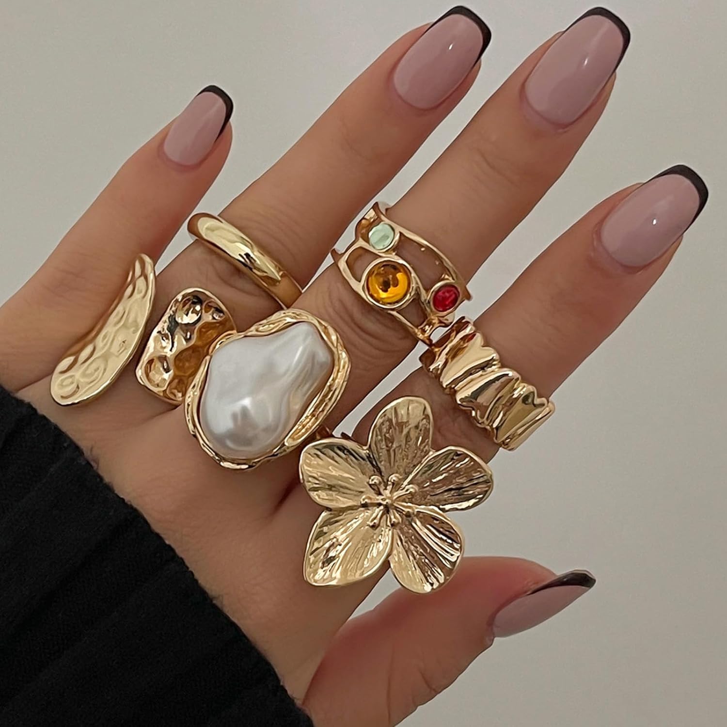 HUASAI Chunky Gold Rings for Women Christmas Gold Flower Chunky Rings Pearl Stackable Statement Butterfly Thumb Retro Ring Set Trendy Christmas Jewelry Gifts - Image 4