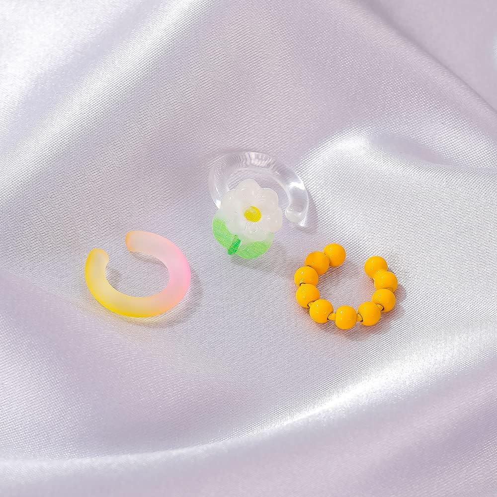 Sweet Flower Ear Cuffs Wrap Earrings for Women Acrylic Resin Colorful Bead Ball Cartilage Earring Fake Huggie Hoops Non Piercing Clip On Lovely Summer Ear Jewelry Gifts 3 PCS Set