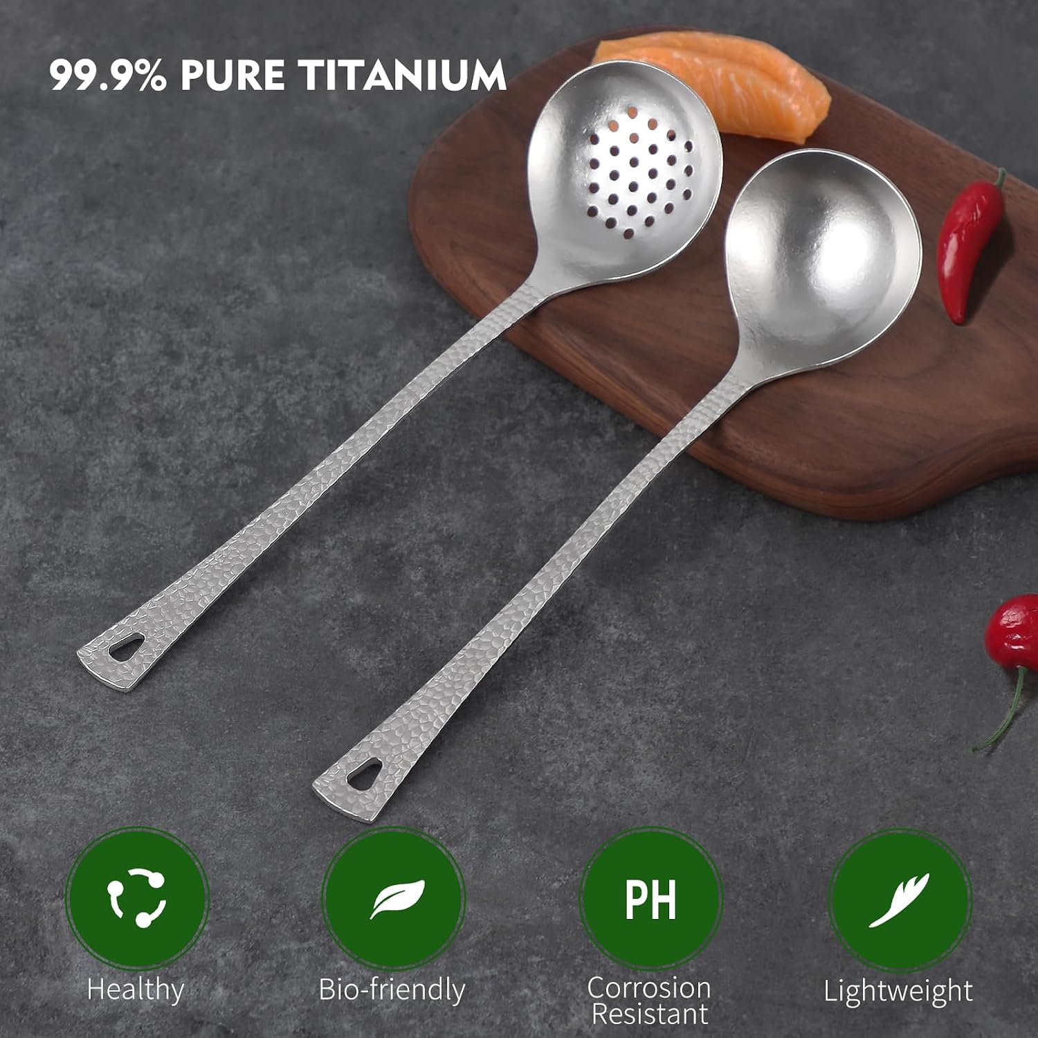 ZING TTI Titanium Ladle Set, Reusable Metal Hot Pot Ladle with Slotted Spoon, Fish Scale Texture Design for Stirring & Serving Soup, 2-Piece Kitchen Utensils (10.4 Inch) (Titanium crystal model)