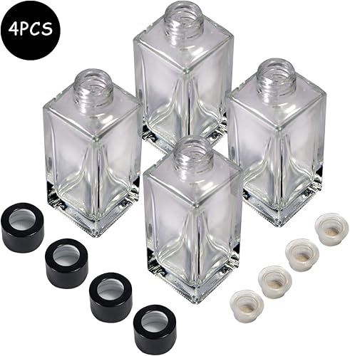 Miniatura 5 de Juego de 4 botellas rectangulares de vidrio difusoras de junco, recipiente de aceite perfumado vacío (4.1 fl oz, tapa dorada)