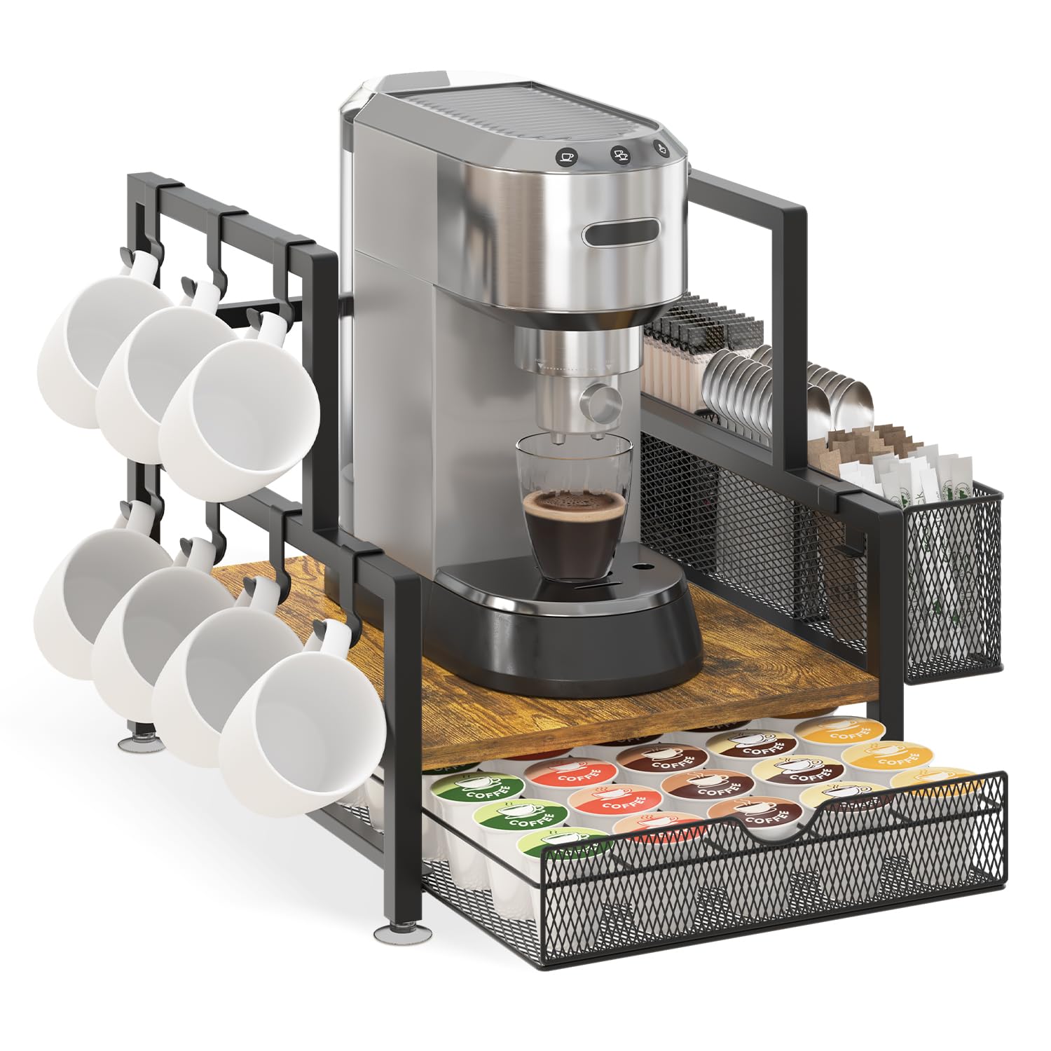 EsLuker.ly Organizer per stazioni da bar con cassetto per tazze K, con 7 ganci per tazze, per piano di lavoro, supporto per macchina da caffè in legno, per casa e ufficio, salvaspazio, per gli amanti
