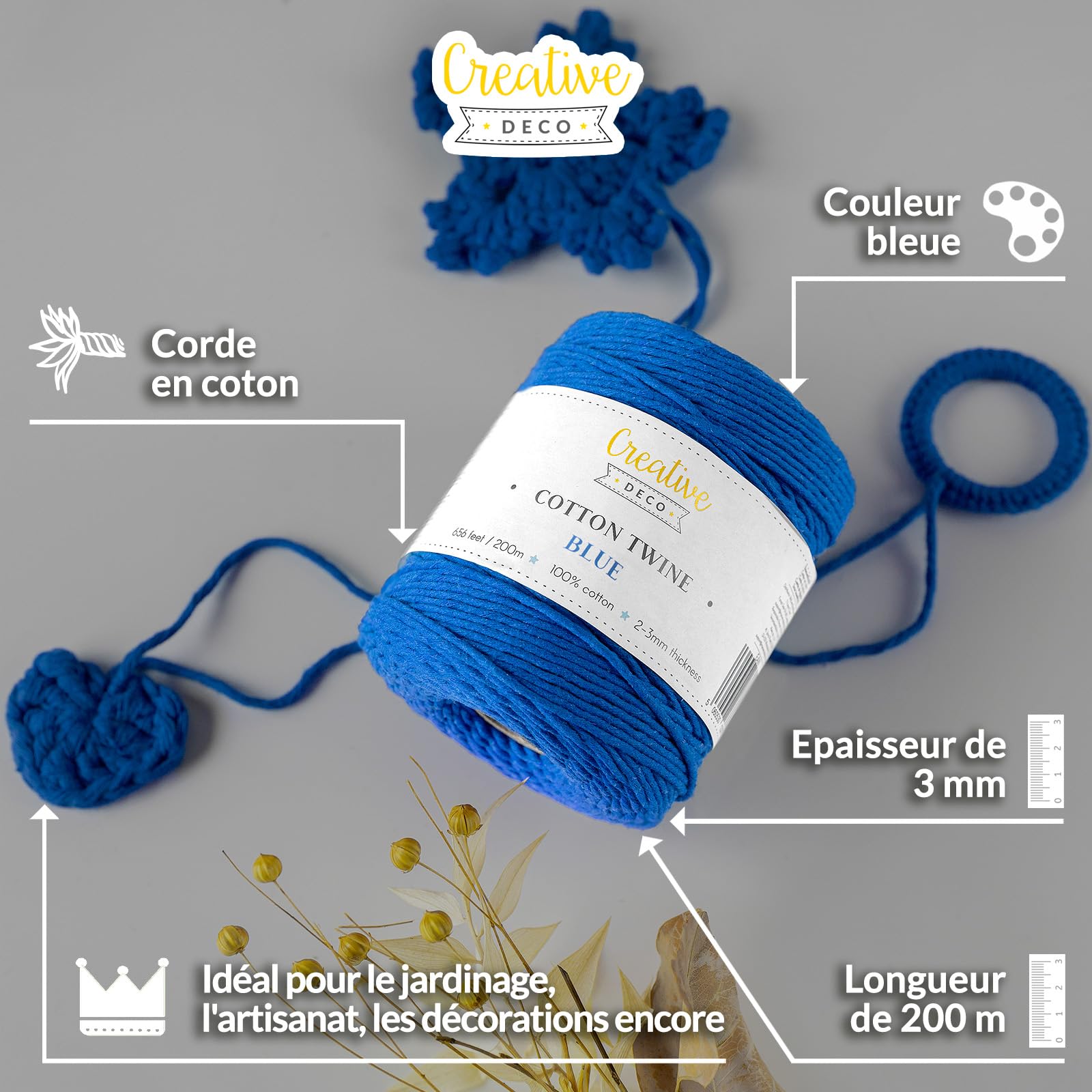 Creative Deco 3mm x 200m Corde Macramé Rouge | Fil de Coton et Polyester | /- 0.5 mm d'Épaisseur | Ficelle Cordelette Naturel | Cuisine Jardin Decoration Jardinage Emballage Cadeau Bricolage