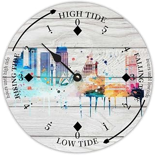 Beach Time Moon Tide Clock Australia Sydney Colorful Ink City Skyline Silhouette Wooden Wall Tidal Clock Silent Non-Ticking Battery Operated for Cottage Beach Boat Living Room Bedroom Decor 10in