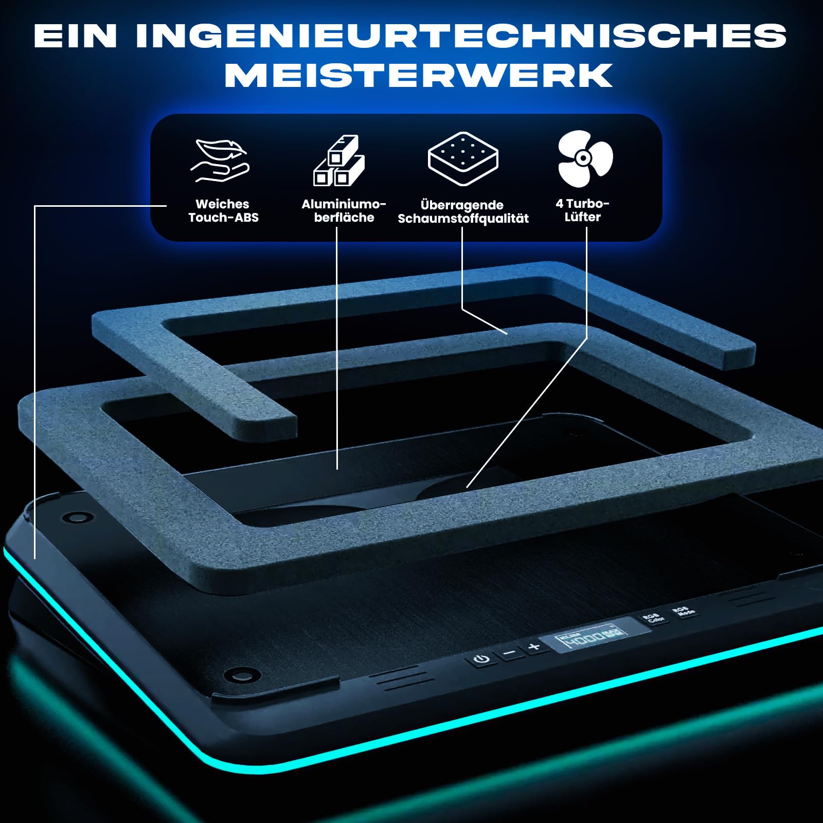 KLIM Turbofrost Laptop Kühler - Gaming Laptop Kühlpad mit 4 Turbolüftern - 4x4000 RPM, 2 Leistungsmodi (USB-C/DC), RGB, 4 USB-Ports und Dämpfung für schnelle Kühlung. Für bis 17 Zoll - Schwarz
