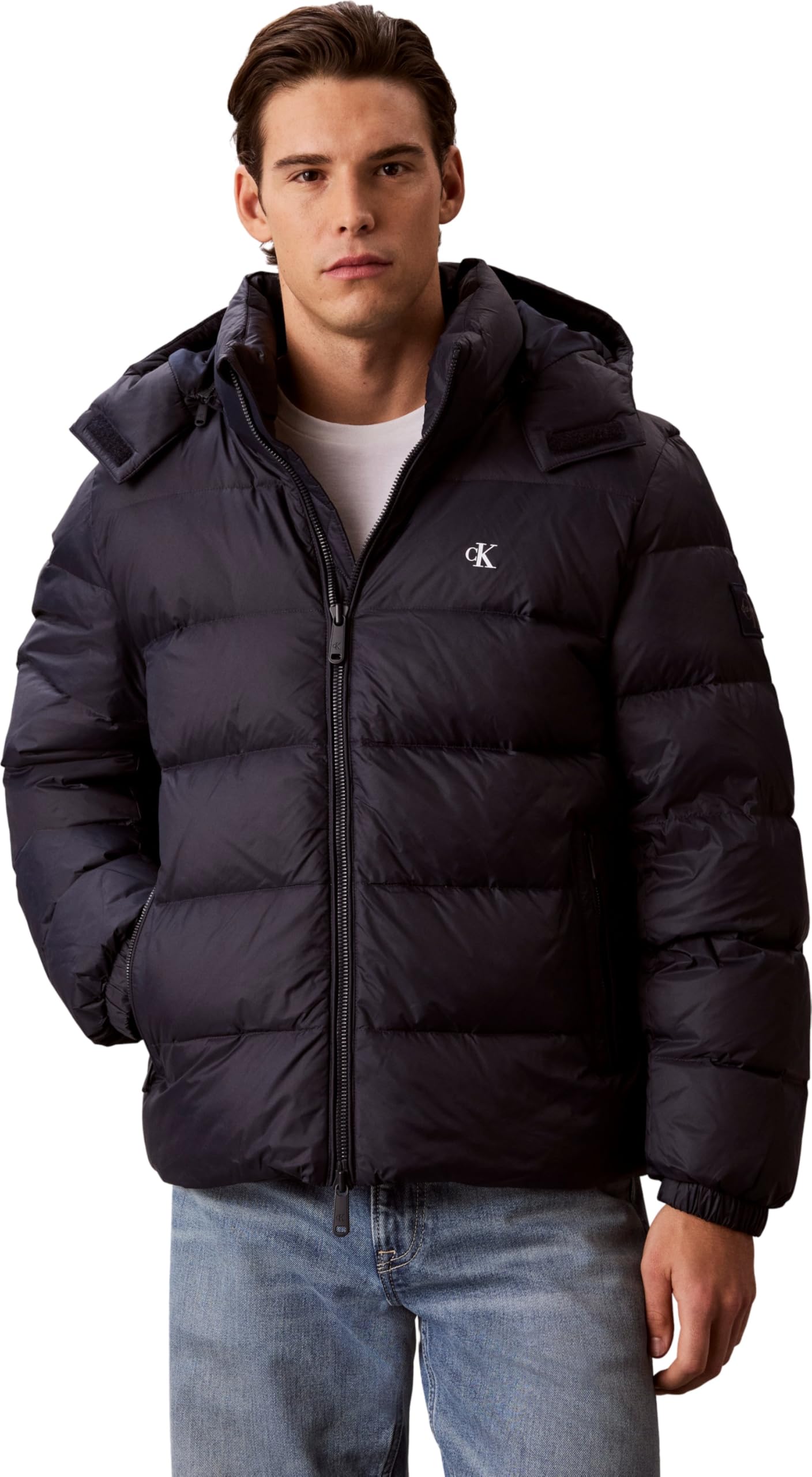 Calvin Klein Herren Ls Nylon Zip Off Hood Down Puffe Lv04rg515g Jacken (1 Stück), Blau (dunkler Saphir), L