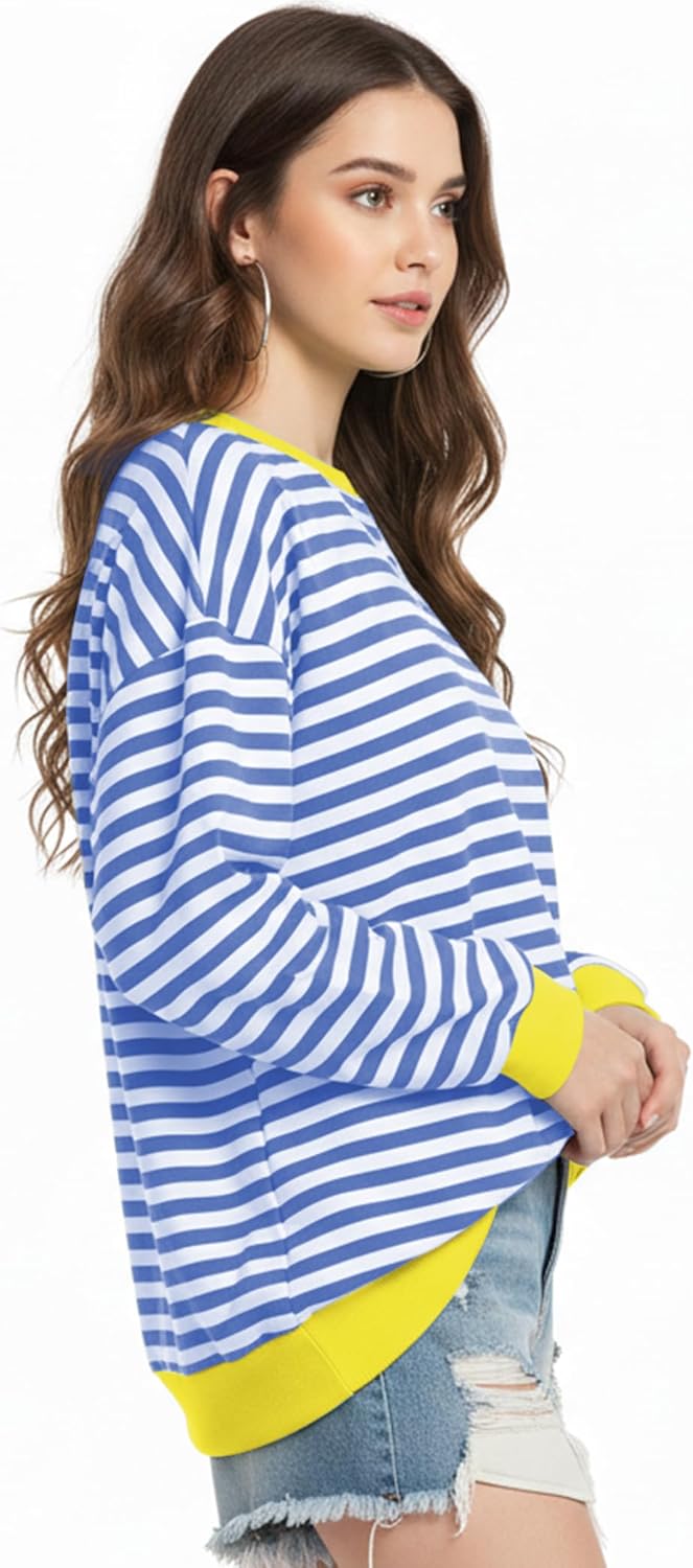 Women Striped Oversized Sweatshirt Long Sleeve Crewneck Shirt Fall Fashion 2026 Pullover Top Preppy Y2K Clothes - Image 2