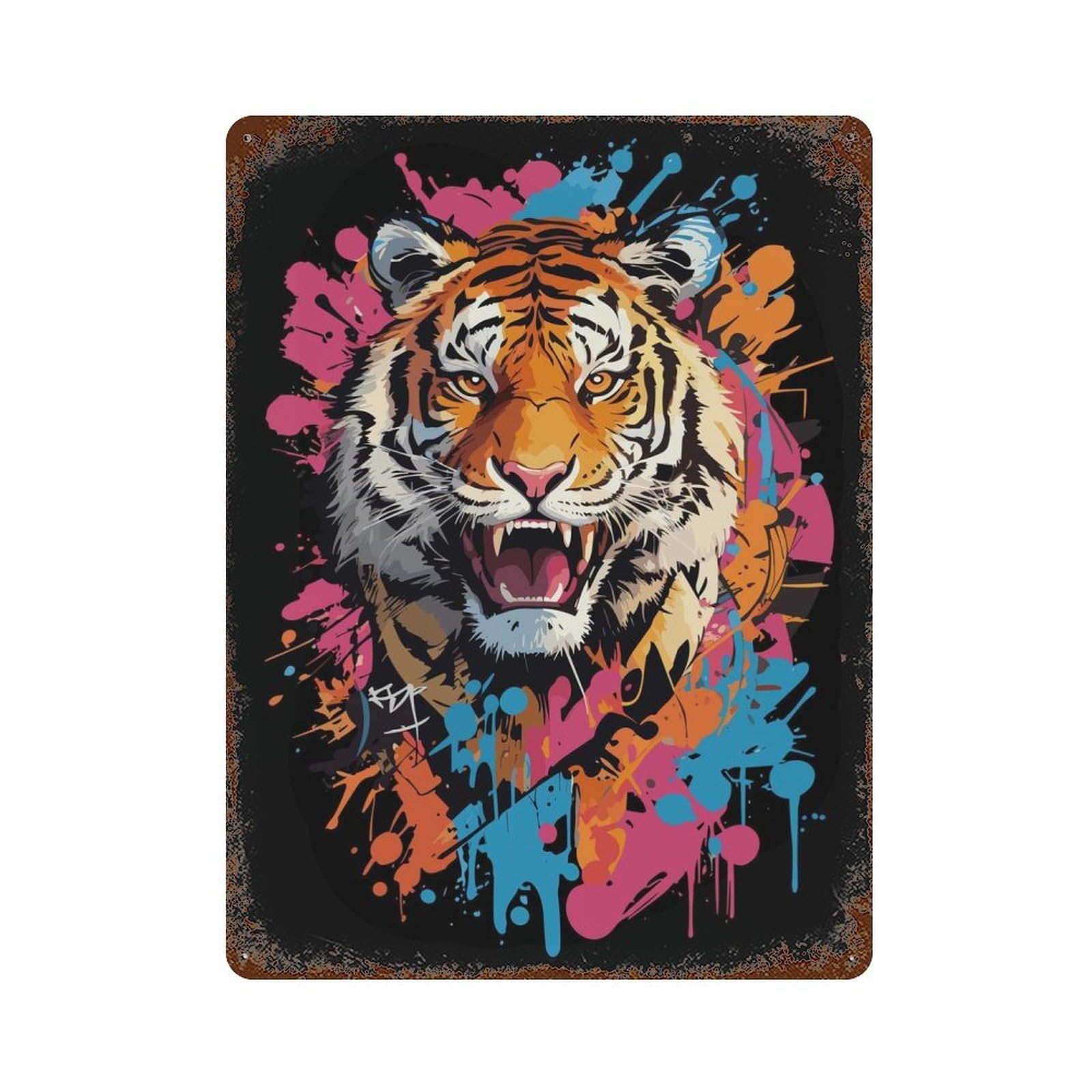 Garage Style Tiger Head Graffiti Style Rustic Tin Plaque 15.7"x11.8", Classic Wall Plaque for Bar And Workshop
