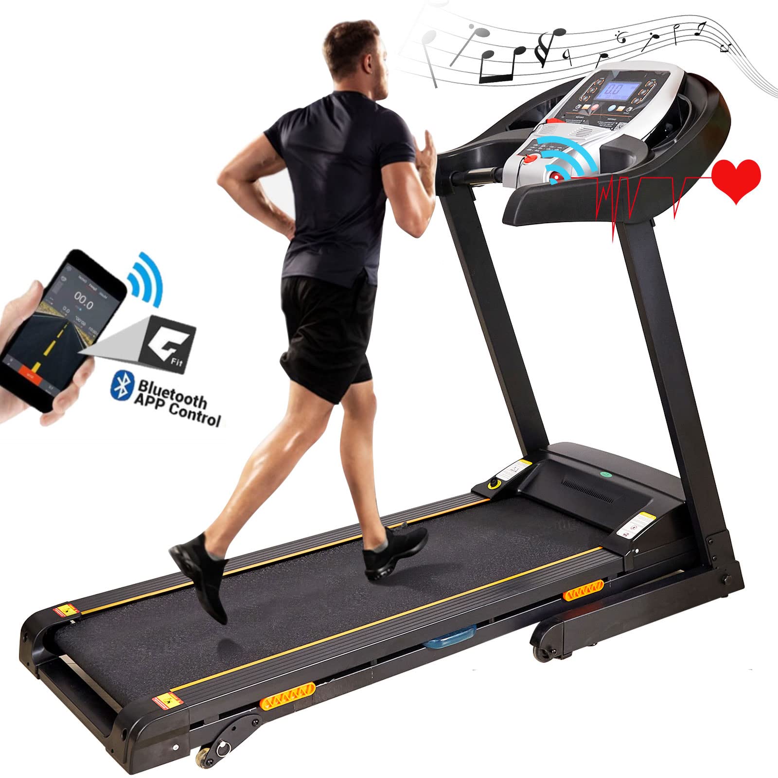 Treadmill 300 lbs with Incline 3.25HP, Folding Treadmills for Home with Smart APP & Bluetooth Speaker, 9 MPH Running Machine with Shock-Absorbing/Pulse Monitor, Extra Wide Running Area (Black)