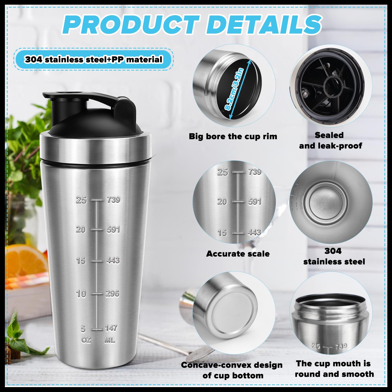 Shaker Acero Inoxidable, 750 ml Shaker Proteinas, con Bola Agitadora y Cepillo de Taza, Doble Mezcla, Escalas Interior y Exterior, Coctelera Proteinas Para Fitness, Ciclismo, Regalos, Plata