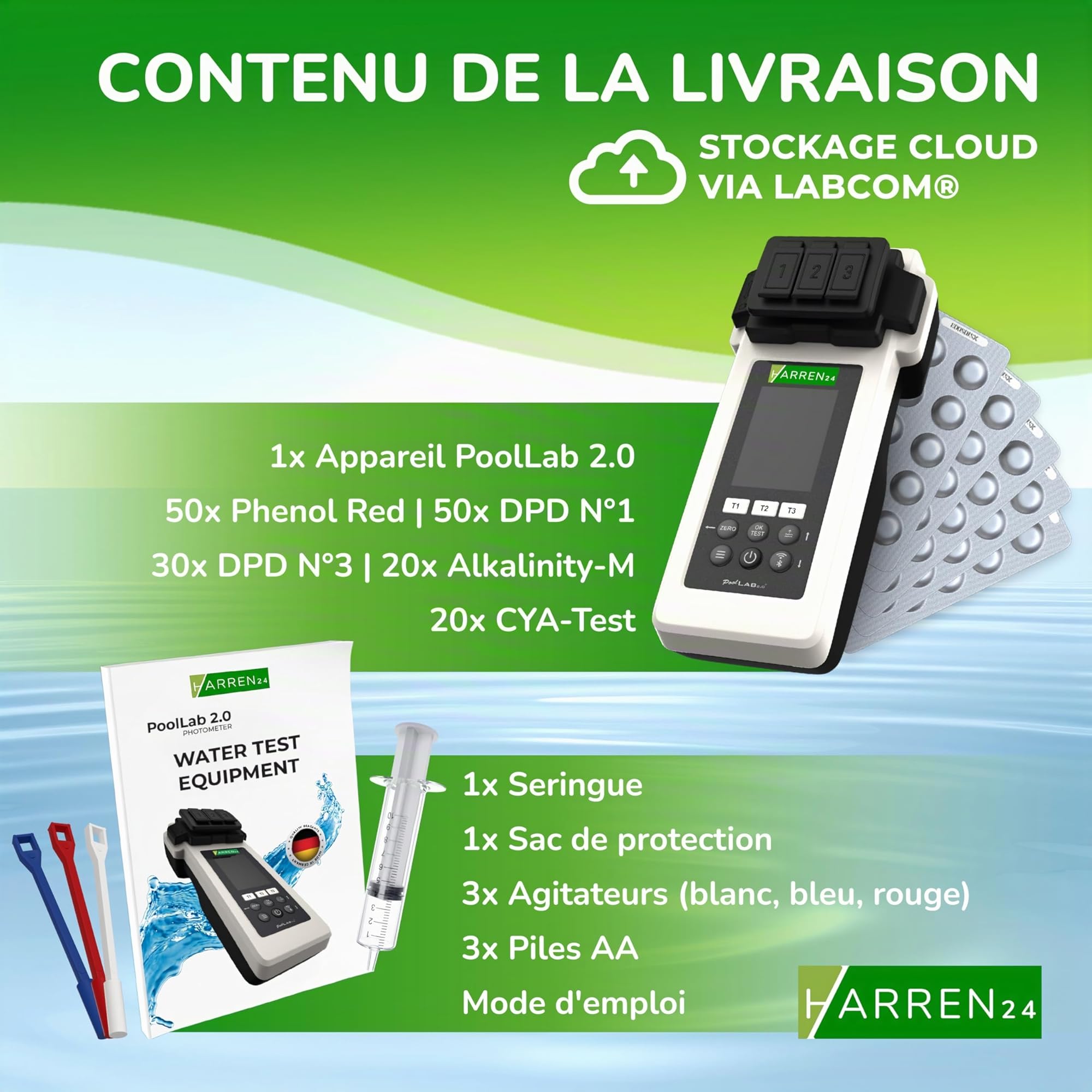 Poollab 2.0 Special Edition - Testeur électronique de piscine (photomètre) - 170 comprimés rouges de phénol pour test de la valeur du pH et du chlore - Accessoires de piscine (avec DPD1,