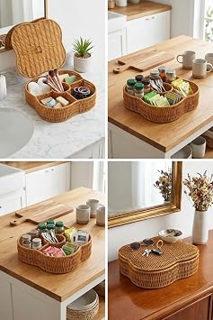 BUFFER Kapaklı 5 Bölmeli Hasır Desenli Plastik Rattan Organizer Kutu, Doğal Rattan Rengi, 30x30x7.5 cm, Çok Amaçlı Saklama ve Sunum Sepeti