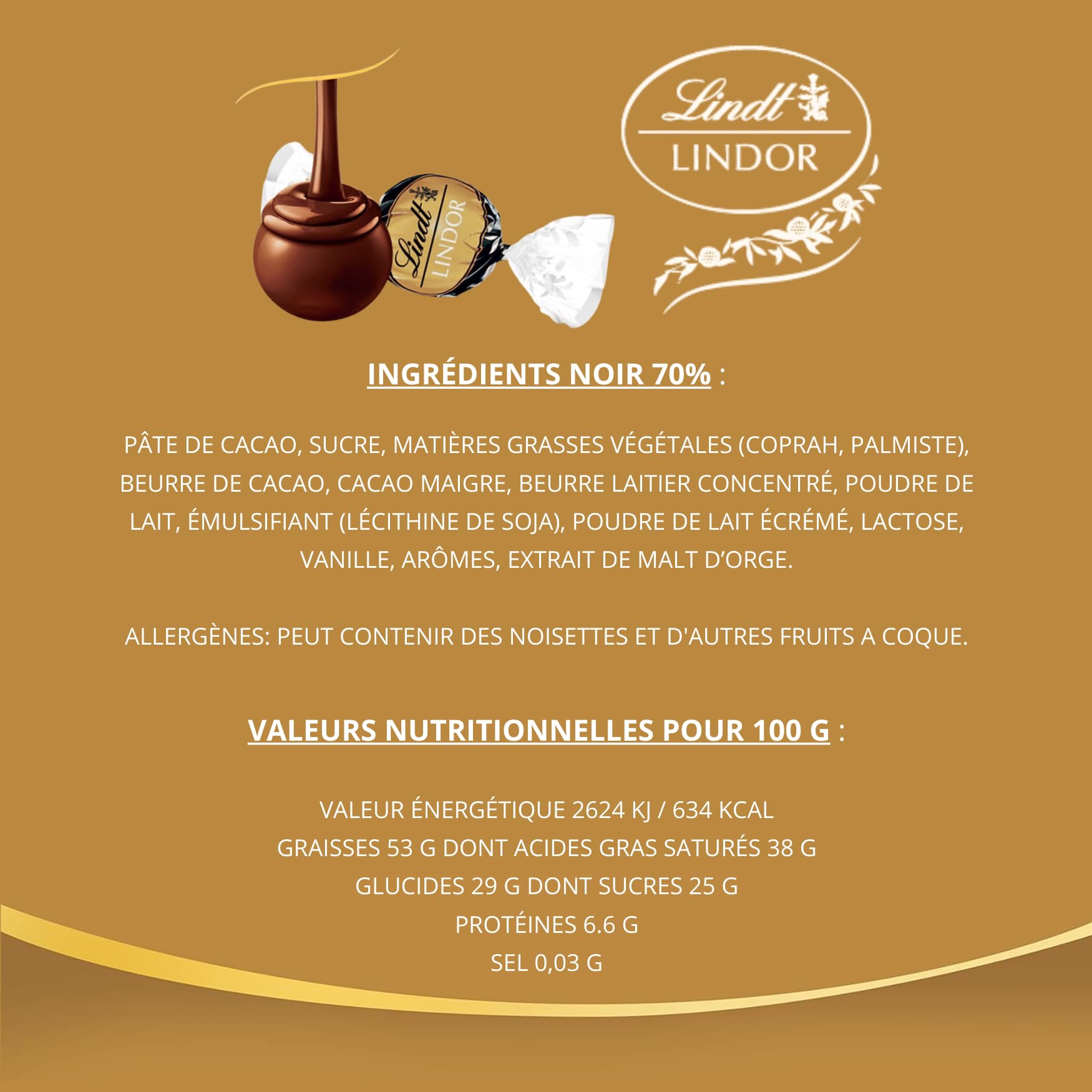 LINDT - 100 bouchées LINDOR Chocolat Noir 70% - Boîte 1,25 kg