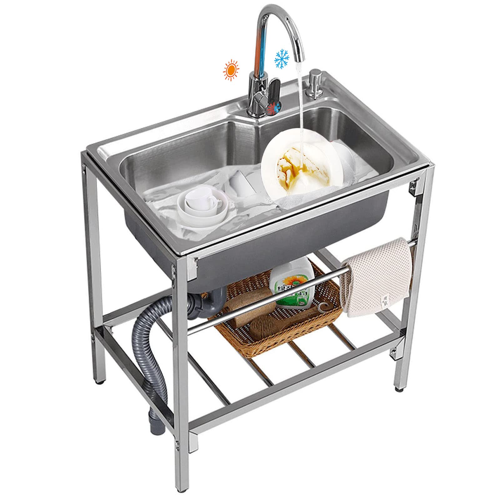 LMYSXAOZ Utility Sink Single Bowl Stainless Steel Kitchen Free Standing Commercial Outdoor with Faucet for Laundry Backyard Garage Camping Handwashing Station