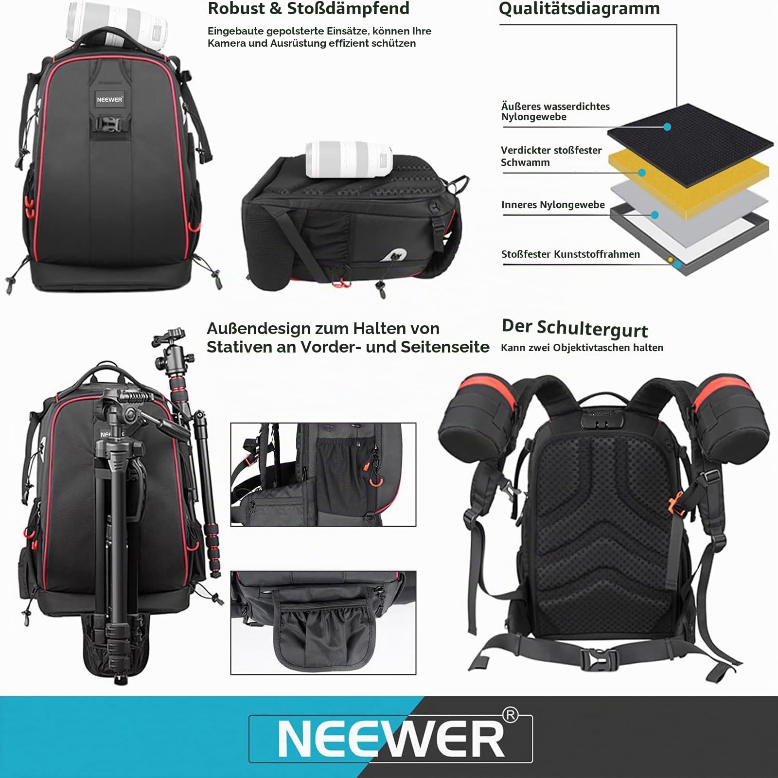 Neewer Pro wasserdicht stoßfest Verstellbarer gepolsterter Kamera Rucksack Tasche mit Diebstahlschutz Zahlenschloss Kompatibel mit DJI Drone DSLR Stative Flash Objektiv und andere Zubehör – Bild 6