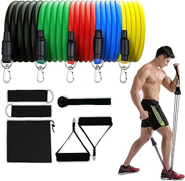 Resistance Bands Set 11 Pcs Exercise Tubes with Handles for Fitness Gym | Includes Ankle Straps and Door Anchor for Strength Training, Yoga, Home Workouts and Physio. Up to 150LB Resistance.