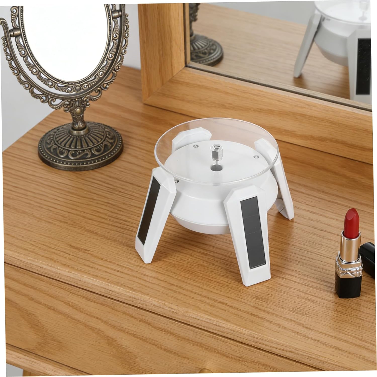 Solar Powered Rotating Jewelry Display Stand 360° Revolving Turntable White with Battery, Auto Rotating Showcase for Necklaces Bracelets Collectible Watches Tabletop Organizer