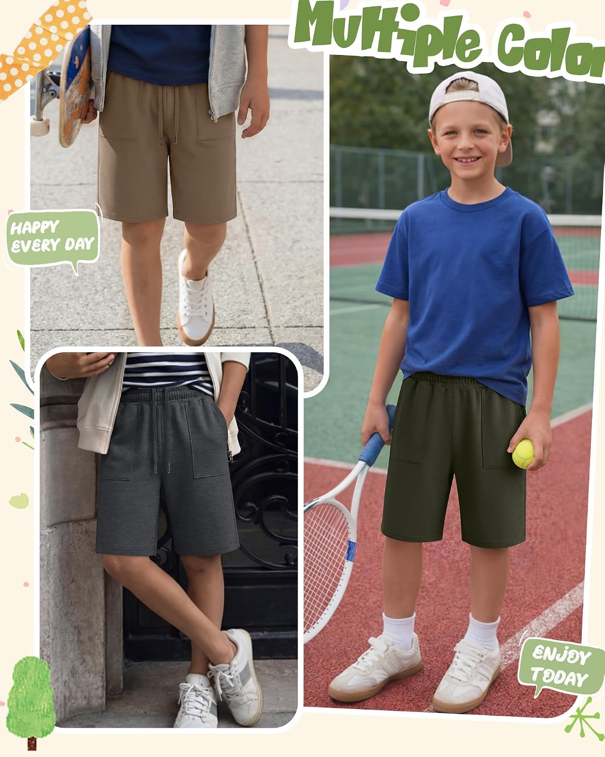 Ficerd 4 Pack Boys' Athletic Shorts Casual Basketball Sweatpants with 3 Pockets Loose Summer Knee Length Short Pants 6-16 Y