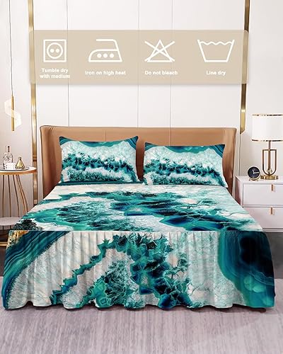 Miniatura 2 de Faldas de cama plisadas envolventes de ágata turquesa verde azulado para cama Queen de 60 x 80 pulgadas, arte abstracto geométrico de mármol