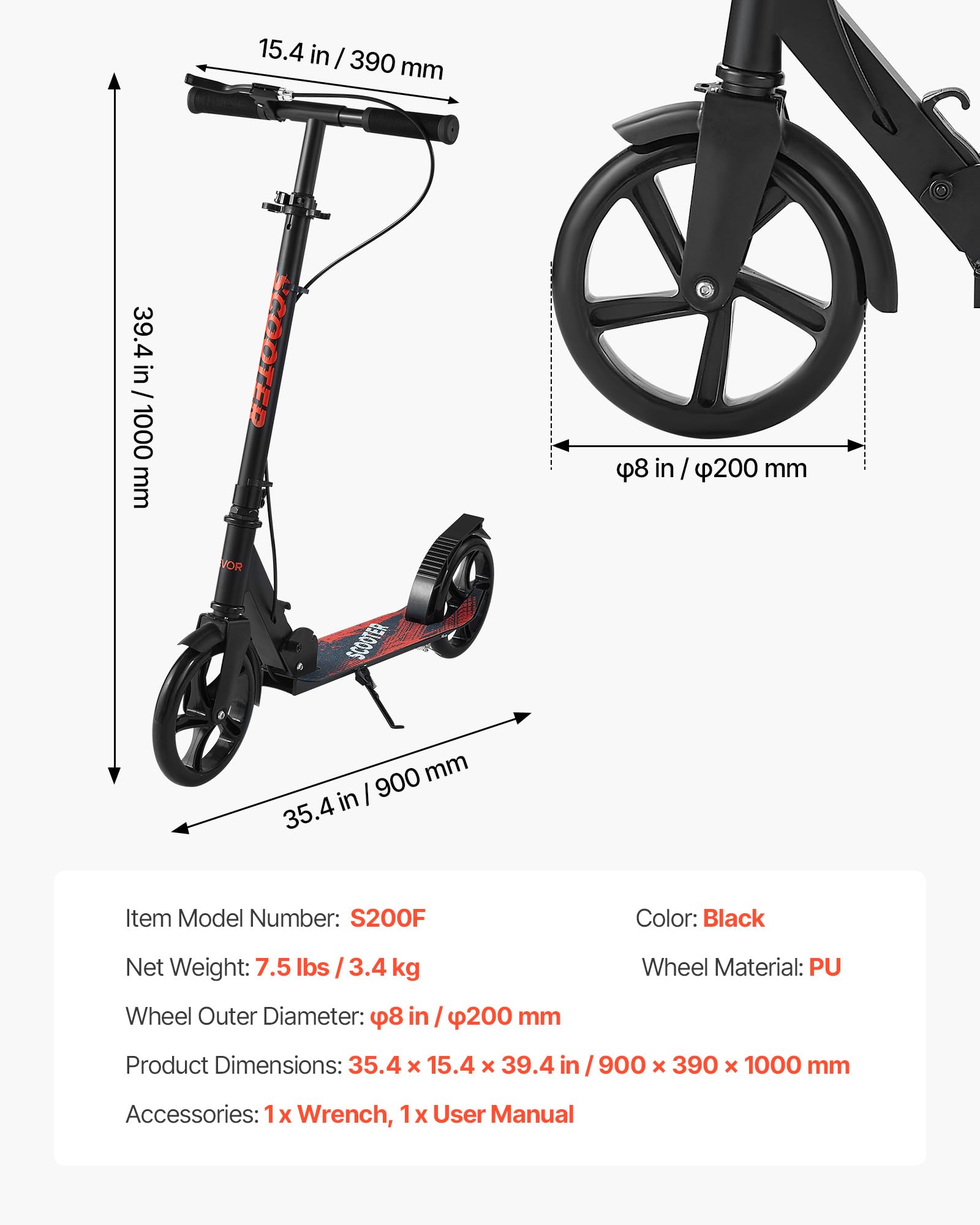 VEVOR Patinete para Niños a Partir de 8 Años, 2 Ruedas, con Manillar Regulable en Altura y Base Antideslizante, Freno de Mano, Marco de Aleación Aluminio, hasta 100 kg, Negro, 900 x 380 x 1000 mm
