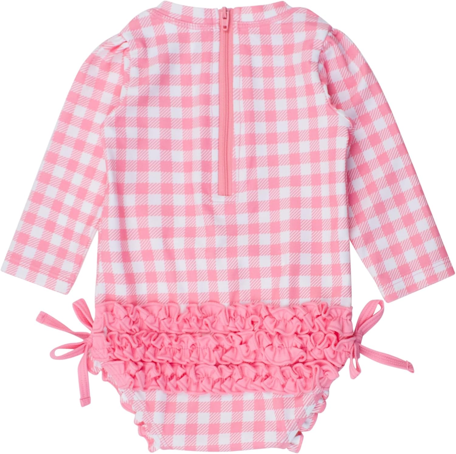 RuffleButts Baby Girls UPF 50+ Sun Protection Gingham Printed Long Sleeve One Piece Rash Guard Swimsuit with Zipper - Image 4