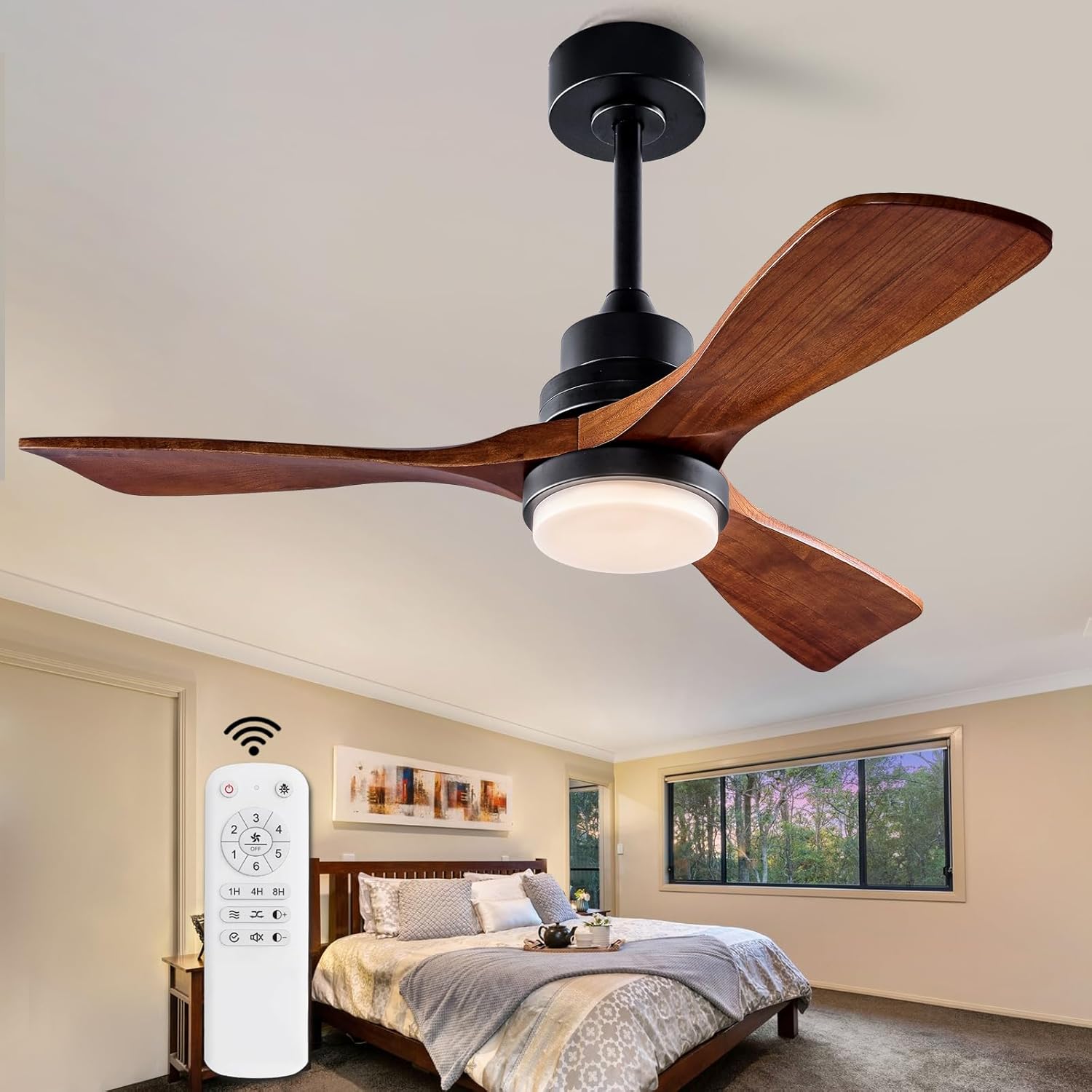 42 Inch Ceiling Fans with Lights and Remote, Modern 3 Blades Wood Ceiling Fan with light, 6 Speed Quiet DC Motor, Indoor Outdoor Ceiling Fan for Patio Bedroom Living Room Kitchen Office Black Walnut 42 inch