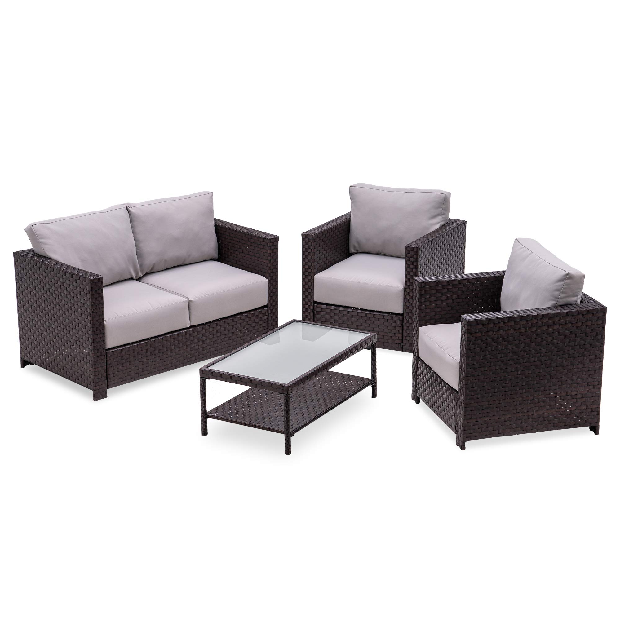 Mcombo Wicker Patio Sofa Furniture with Swivel Lounge Chair and Cushion, Coffee Table with Tempered Frosted Glass,4 Pieces Wicker Conversation Set,Outdoor Loveseat 6082-9575BR (Grey)