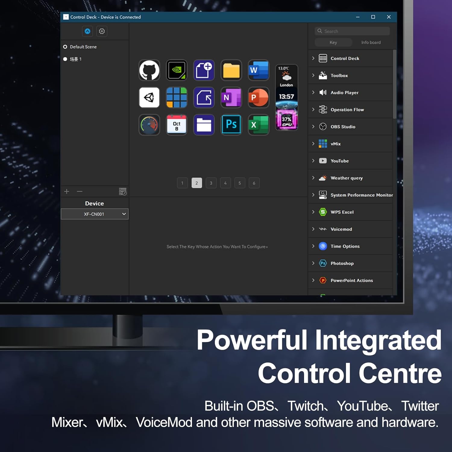 Screenshot of the Stream Deck software interface showing a powerful integrated control center with various application icons and settings.