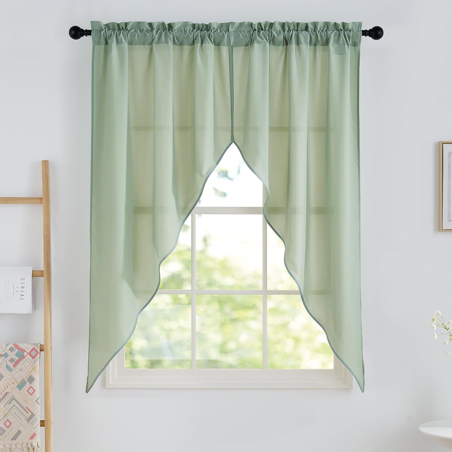 RYB HOME Swag Curtain Valance for Kitchen Bathroom, Non See Through Privacy Light Filtering Topper Semi Sheer Curtain Tiers for Small Narrow Windows, Sage Green, 36" W x 63" L, 2 Panels Set