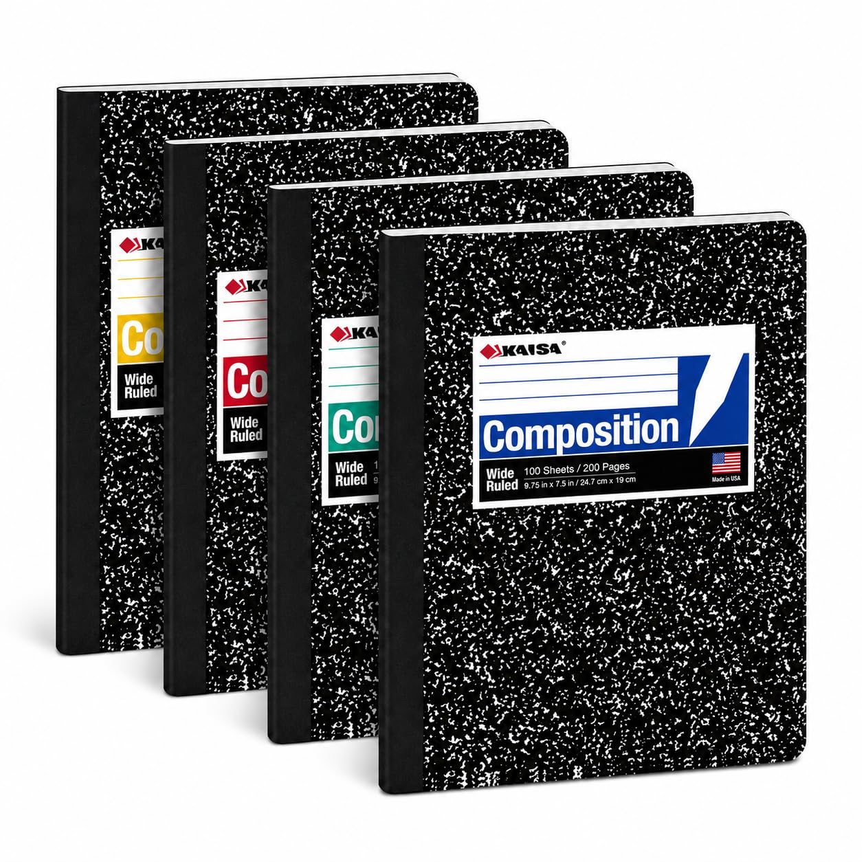 KAISA Cuadernos de composición, rayas anchas, 9-3/4 x 7-1/2 pulgadas, cubiertas de mármol negro, blocs de notas de composición, cuadernos de diario, 100 hojas, paquete de 4, C10001W