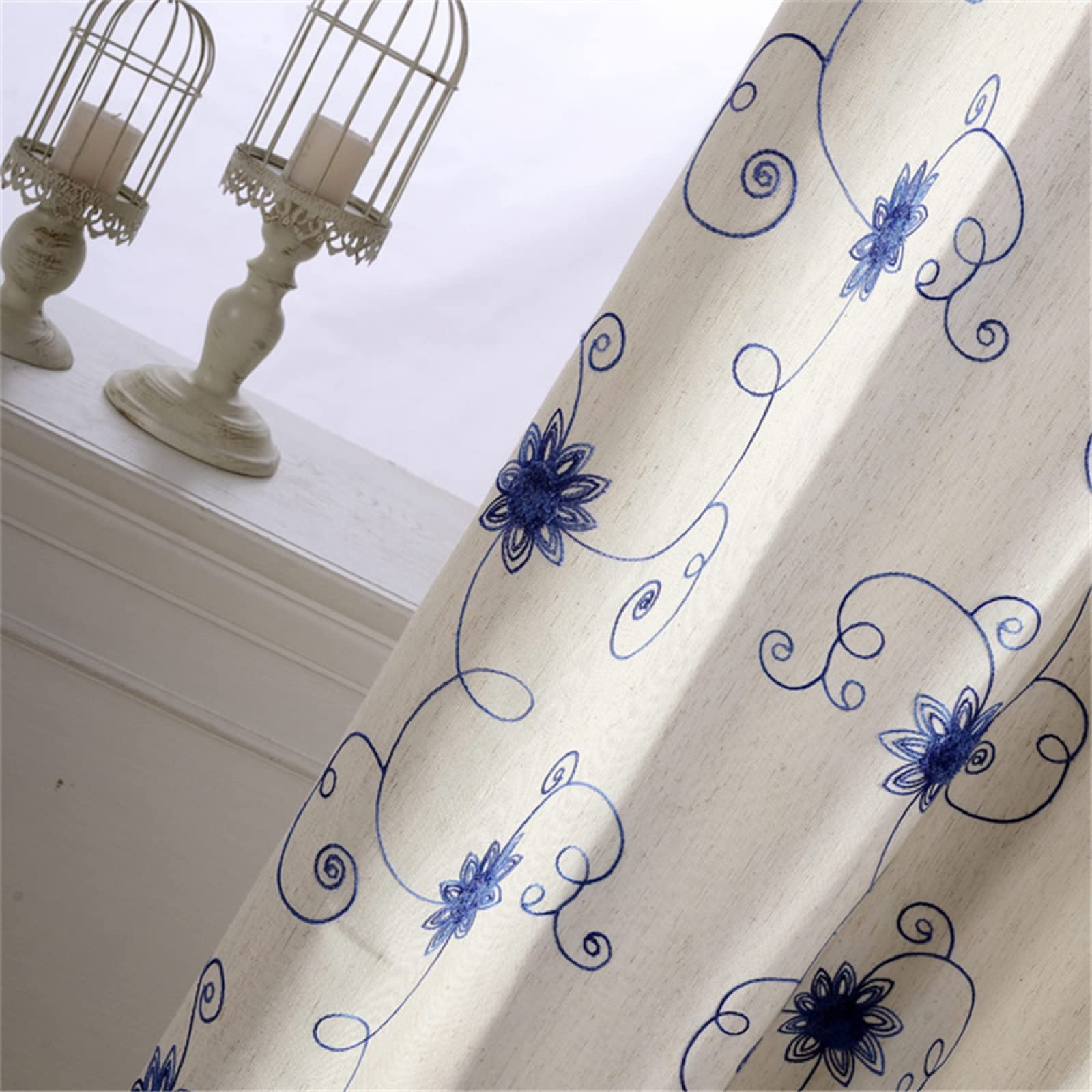 Translúcida Cortinas Visillo con Ollaos, Flor bordada azul cortina de voile con bordadas,juego de 1 cortinas, de la luz Solar Mientras Protege Algo de privacidad para salón Habitacion 1x220x270CM