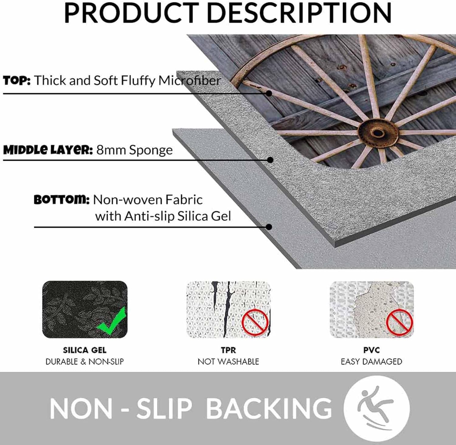 Wheels and Old Wood Bath Mats for Bathroom Rustic Country Barn Doors Floor Bath Rugs Machine Washable Bathmat Carpet Rug Room Decor for Shower Floor 20 X 31 inch