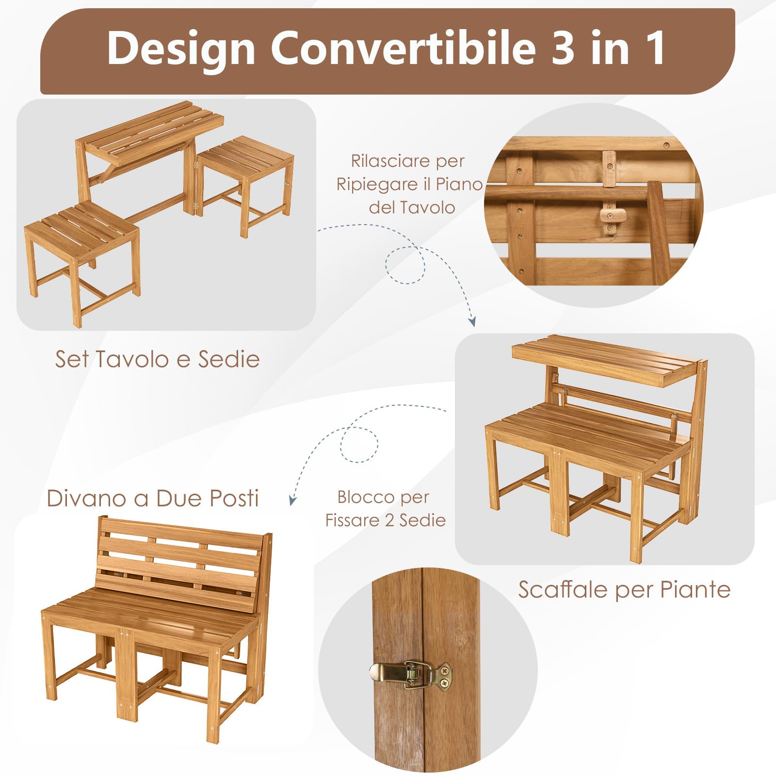 COSTWAY Panca Esterno Trasformabile 3 in 1, Panchina Giardino in Legno di Acacia con Schienale, Set Mobile Esterno con Tavolino e 2 Sedie, Supporto Piante per Terrazzo, Patio e Balcone