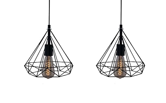 Groeien (Pack Of 2 Edison Filament Diamond Cage Base E27 Hanging Led Bulb (St64 Bulb Included, Black) - Metal