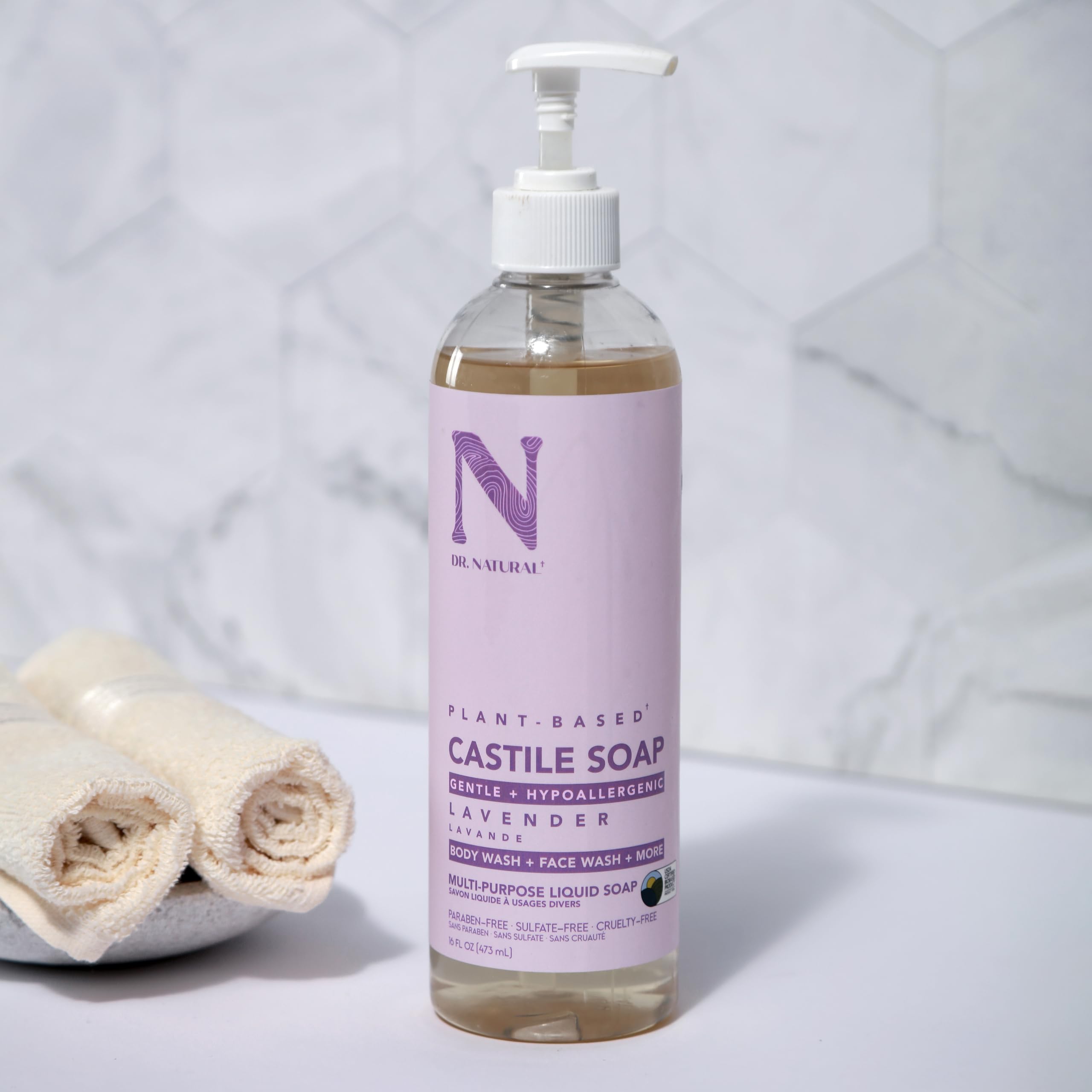 Dr. Natural Castile Liquid Soap - Gel multi-usage corps, cheveux, visage - Hydratant peau, cheveux, animaux - Lavande - 473 ml