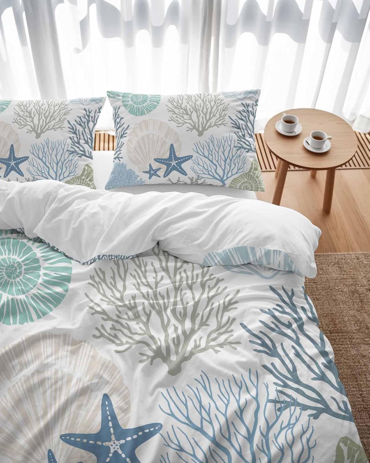 Duvet Cover Set Full Size Nautical Coastal Ocean Coral Comforter Sets 3 Pieces, Beach Themed Blue Teal Bedding Set with Zipper Closure and 2 Pillow Cases, Soft Lightweight Bed Covers Bedroom Decor