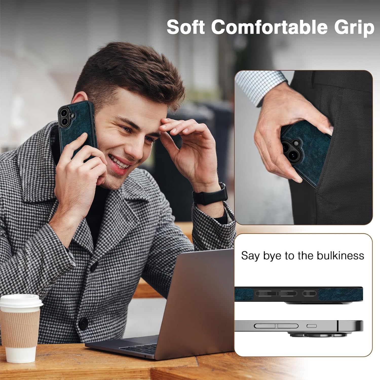 LOHASIC Compatible with MagSafe for iPhone 16 Case, Vintage Leather Slim Business PU Cover Non-Slip Grip Shockproof Bumper Full Body Protective Men Women Phone Case for iPhone 16 5G 6.1" (2024) - Blue - Image 4