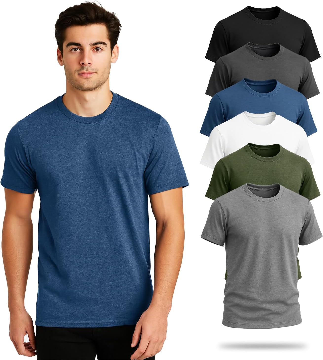 Jnriver Pack of 6 Men’s Casual Stylish Plain T-Shirts – Multipack Short-Sleeve Crewneck Tshirt for Man (Soft Cotton Blend)