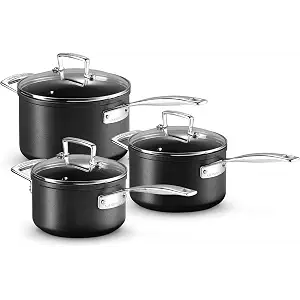 Le Creuset Set de cazos de aluminio antiadherente, 3 piezas, diámetro 16, 18 y 20 cm, para todas las fuentes de calor, incluso la inducción, Antracita/Plateado, 51803000010002